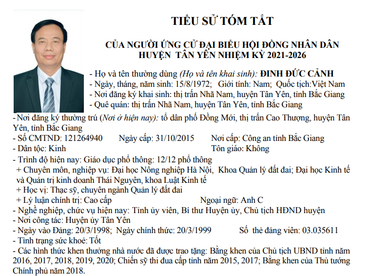 Công bố danh sách chính thức những người ứng cử đại biểu Hội đồng nhân dân huyện Tân Yên nhiệm kỳ...
